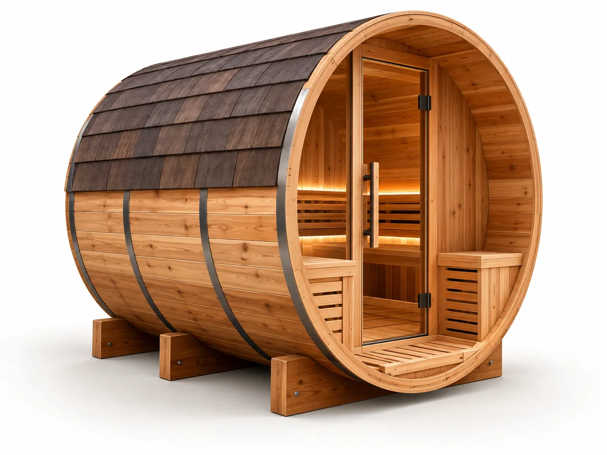 Cedar barrel sauna with shingle roof, glass door and slatted benches
