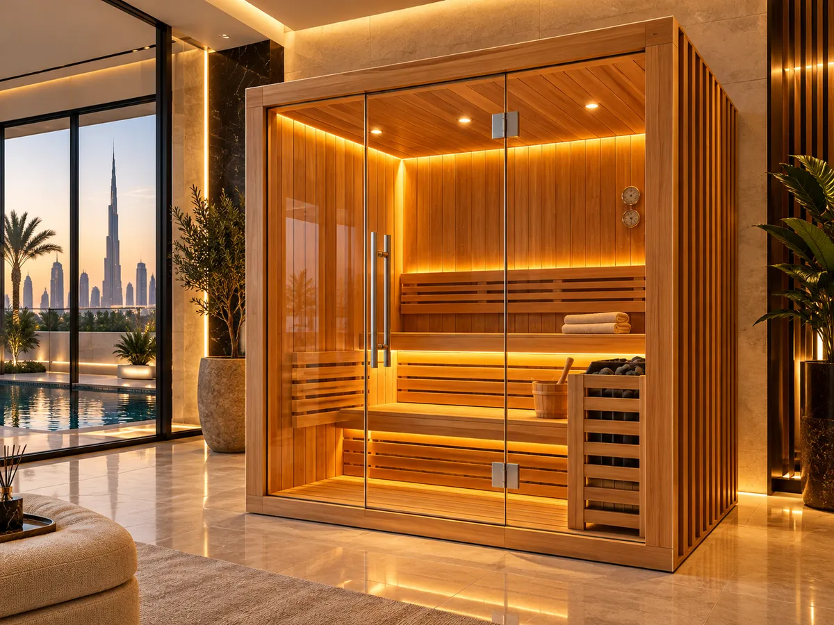 Built in traditional sauna with full glass front and warm LED lighting in a Dubai villa living area overlooking the city skyline