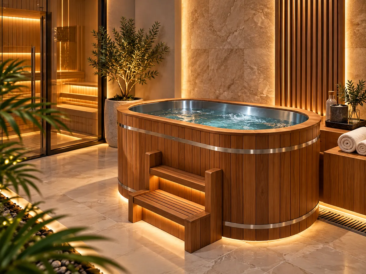 Wooden cold plunge tub with steps in a home spa beside a sauna