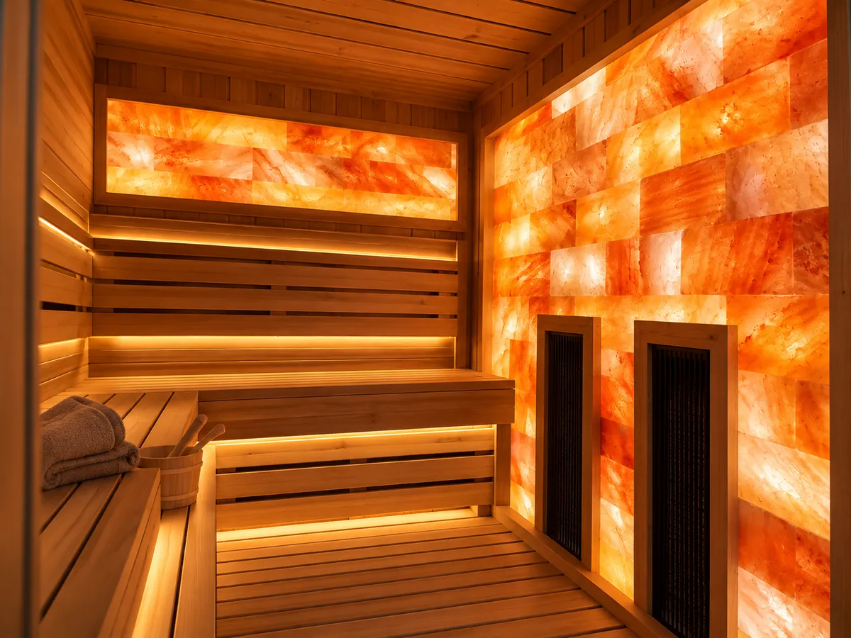 Sauna interior with a backlit Himalayan salt wall, two tier slatted benches and infrared panels