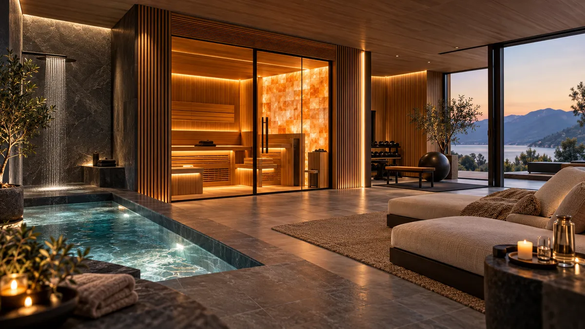 Home spa lounge with a glass sauna, plunge pool and daybeds