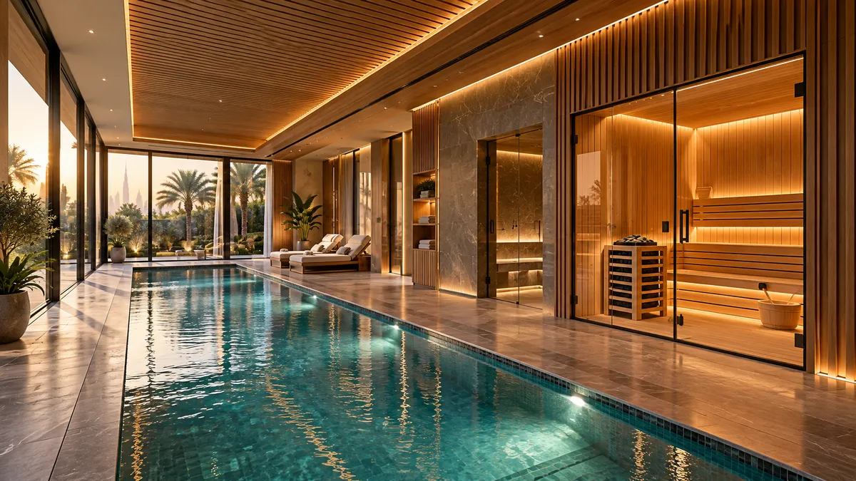 Indoor lap pool beside a glass sauna in a modern Dubai villa