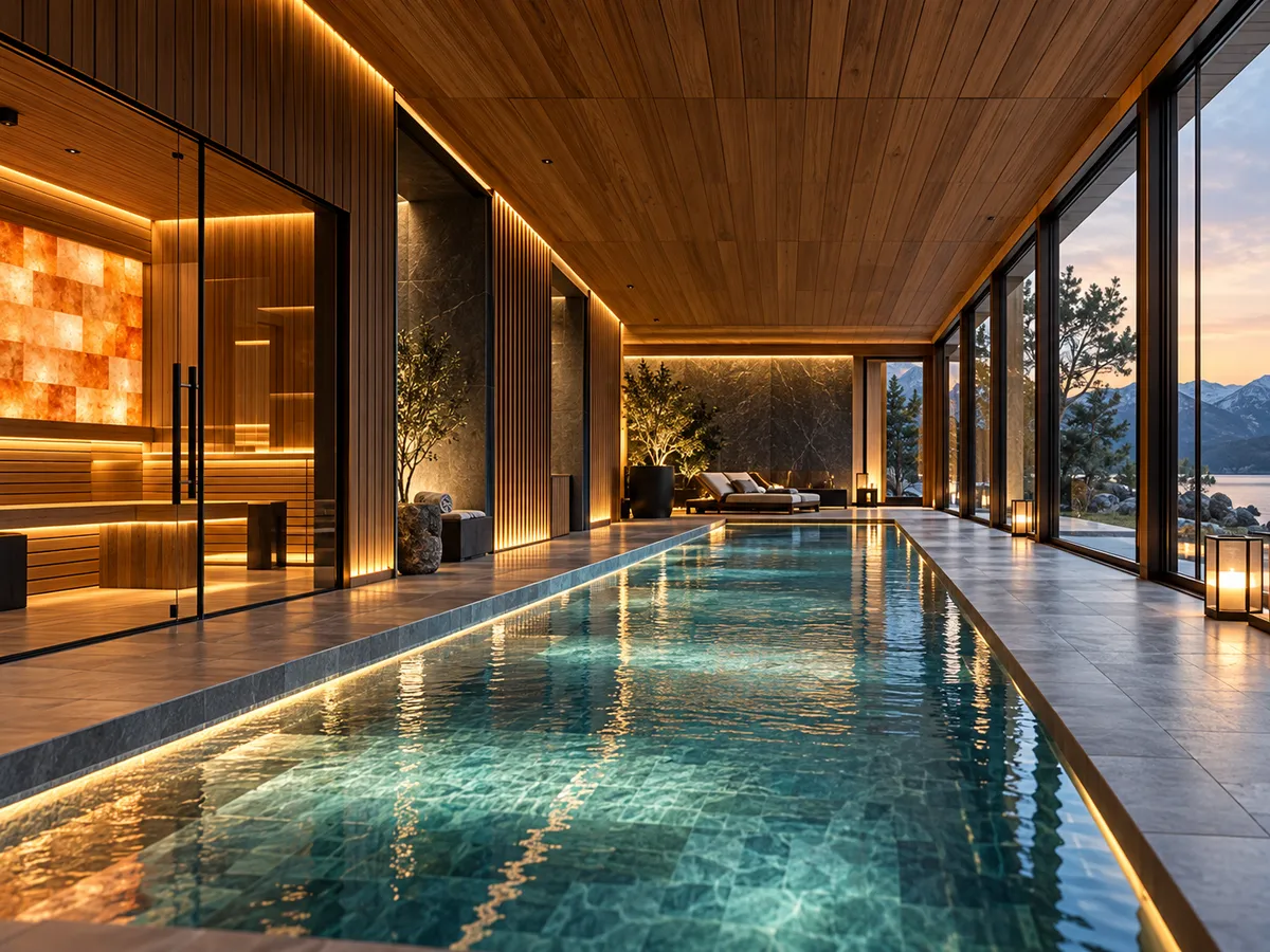 Indoor villa pool with a glass fronted sauna and backlit Himalayan salt wall alongside