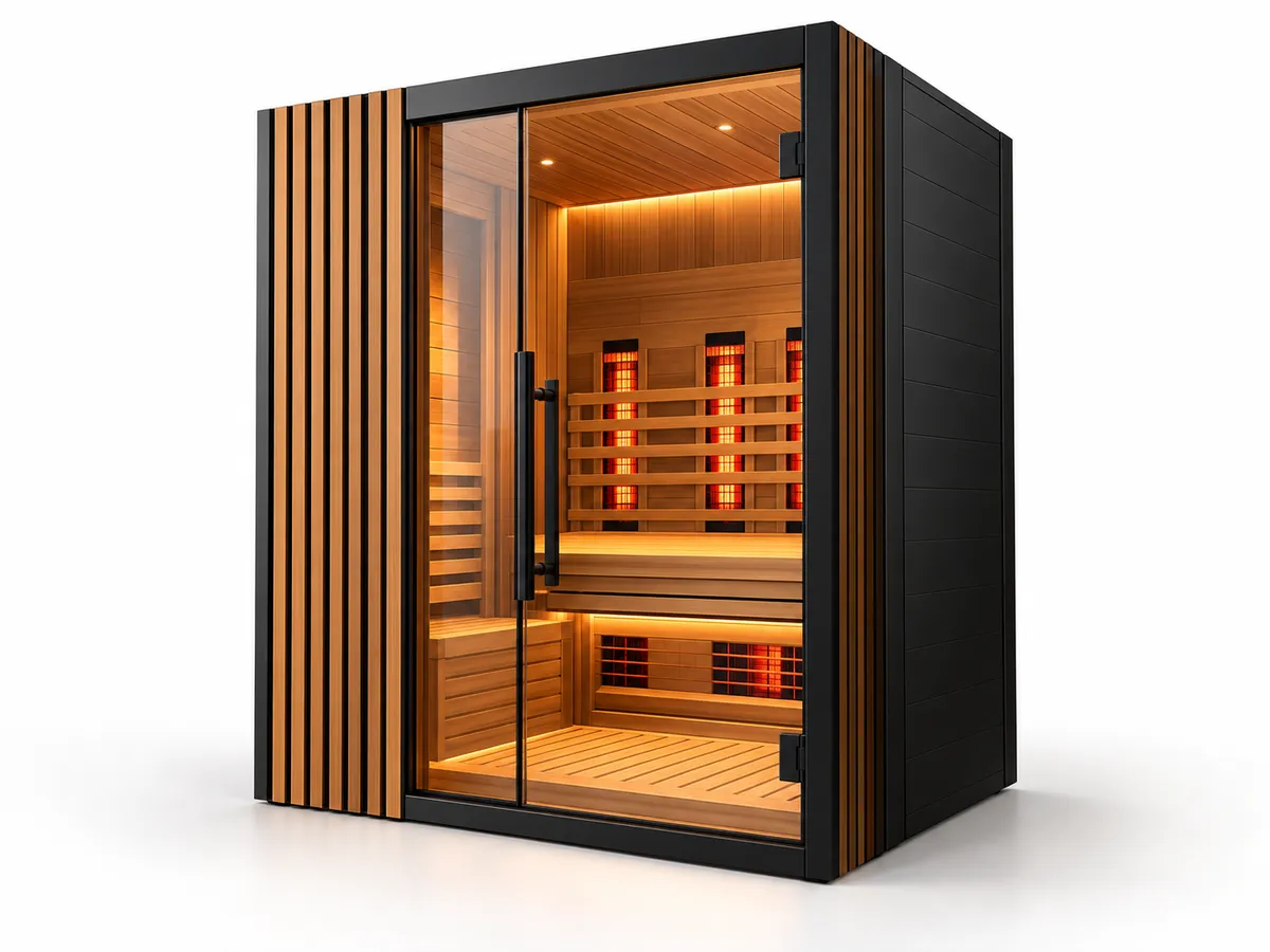 Two person infrared sauna cabin with black frame, glass door and infrared panels