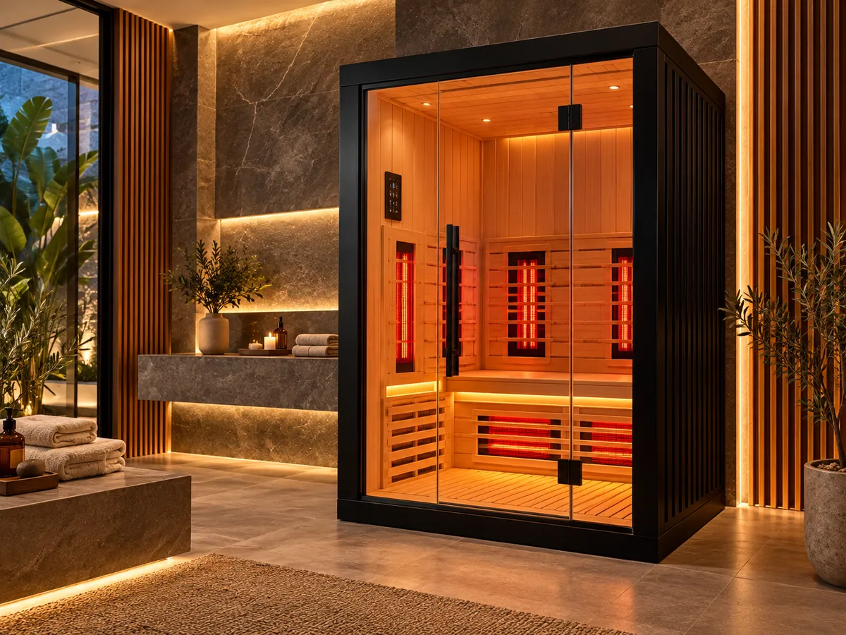 Infrared sauna cabin built into a luxury marble bathroom