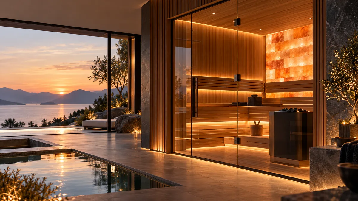 Poolside sauna on a terrace with glass walls, salt wall and sea view