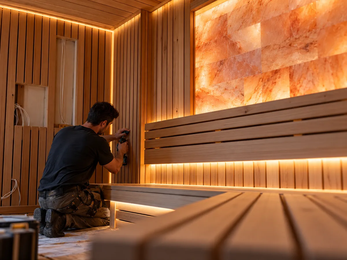 Carpenter installing sauna benches and LED lighting during a sauna build