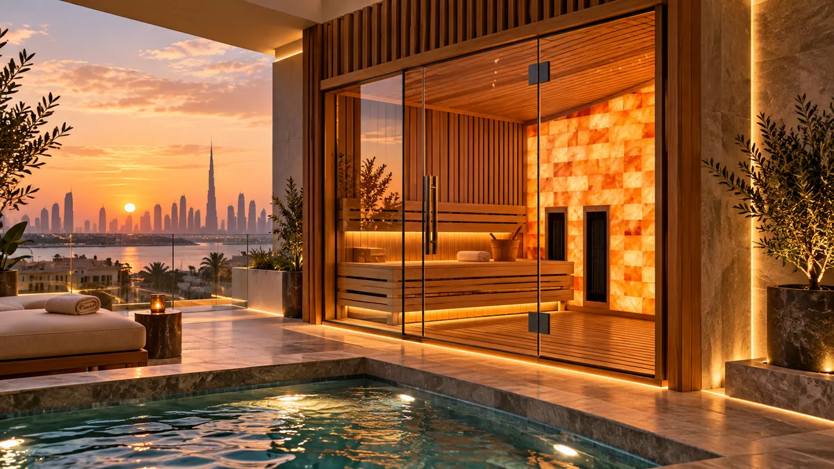 Glass sauna by an infinity pool at sunset with the Dubai skyline behind