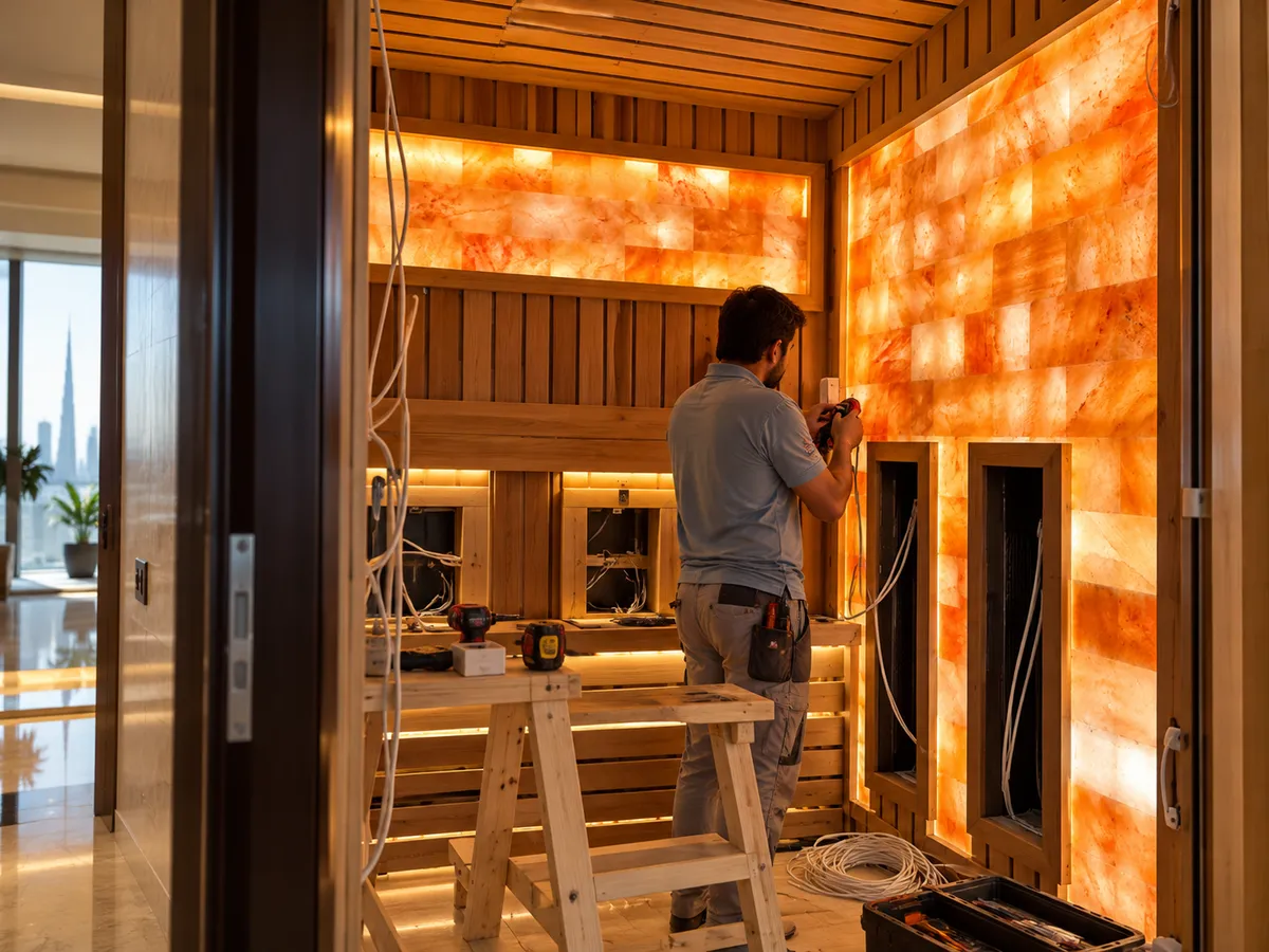 Installer fitting a Himalayan salt wall and wiring inside a sauna under construction