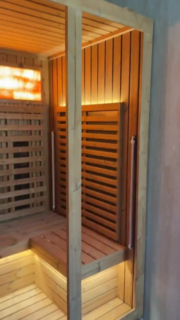 Inside the Project 01 sauna: slatted benches with warm LED strips underneath