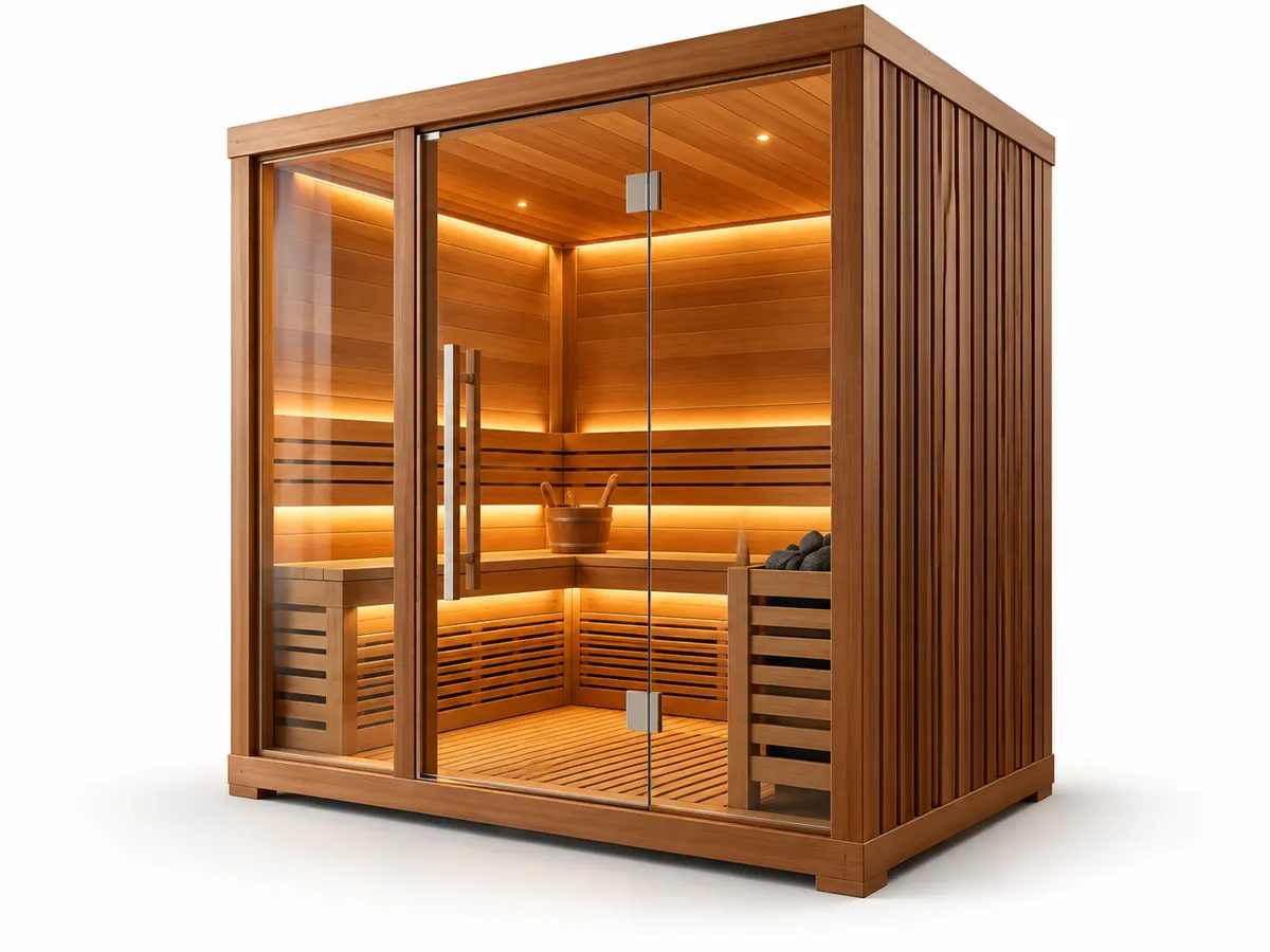 Traditional Finnish sauna cabin in light timber with glass front and heater with stones