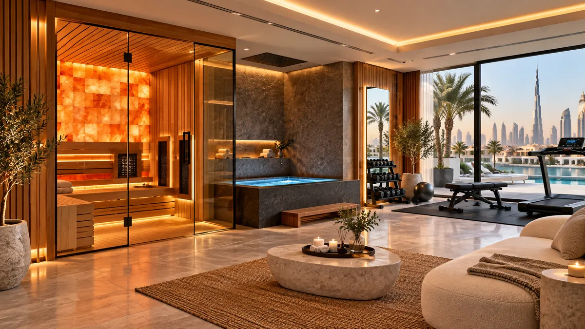 Villa recovery room with a salt wall sauna, cold plunge and home gym equipment