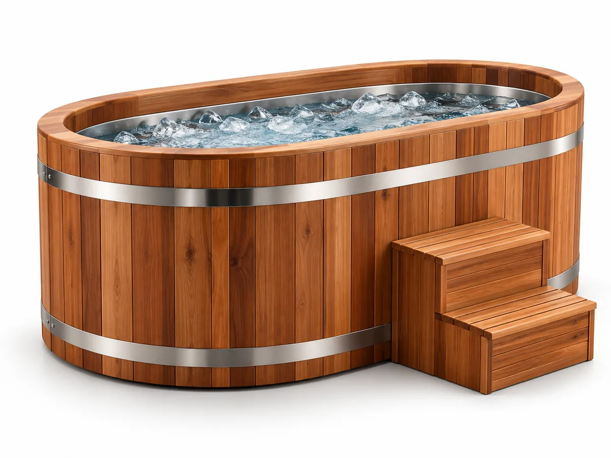 Oval wooden ice bath tub with steel bands and timber steps